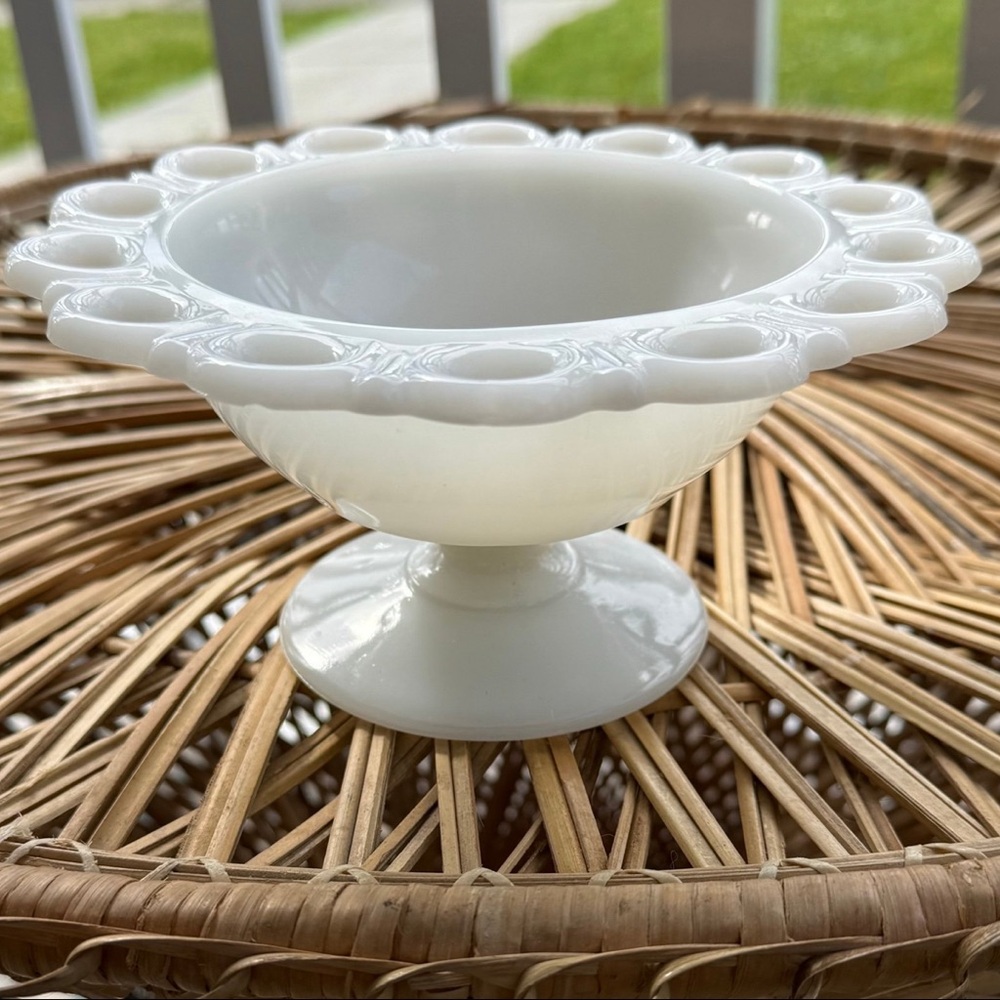 Vintage 1950s Anchor Hocking Milk Opaline Glass Candy/Trinket Dish Lace Edge